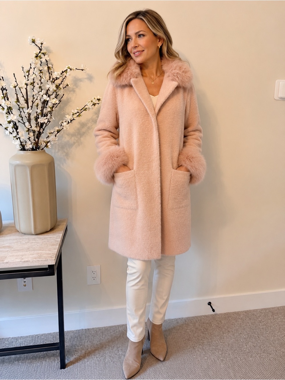 Joseph Ribkoff Blush Pink Teddy Coat with Removable Faux-Fur Collar and Cuffs